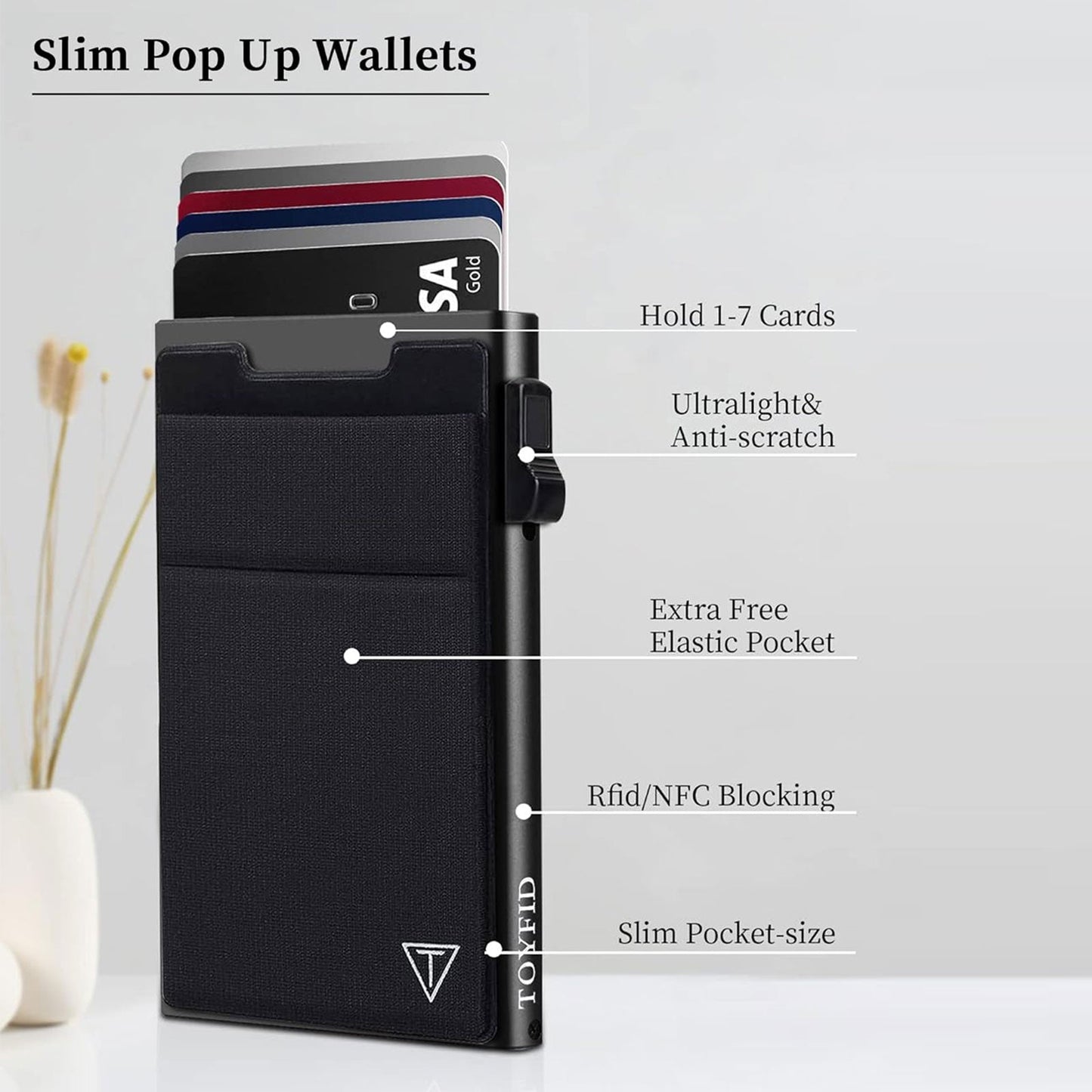Slim RFID Blocking Wallets,Pop Up Minimalist Card Holder for Men & Women Metal Thin Front Pocket Wallet Credit Card Holder with Elastic Coin Pocket